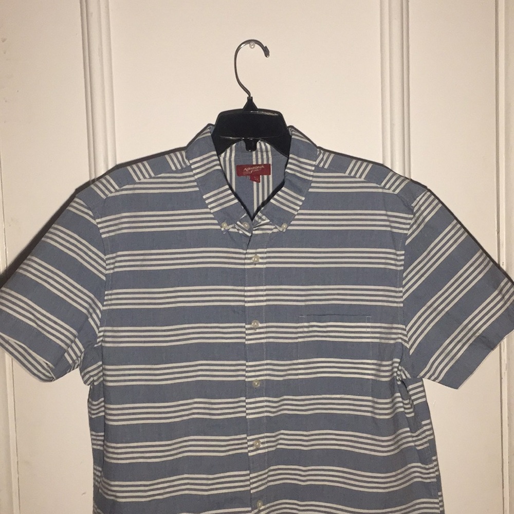 Striped blue and white button down shirt